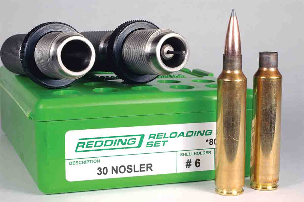 Redding makes several reloading die options for the .30 Nosler. After firing Nosler cases two times, they had barely stretched.